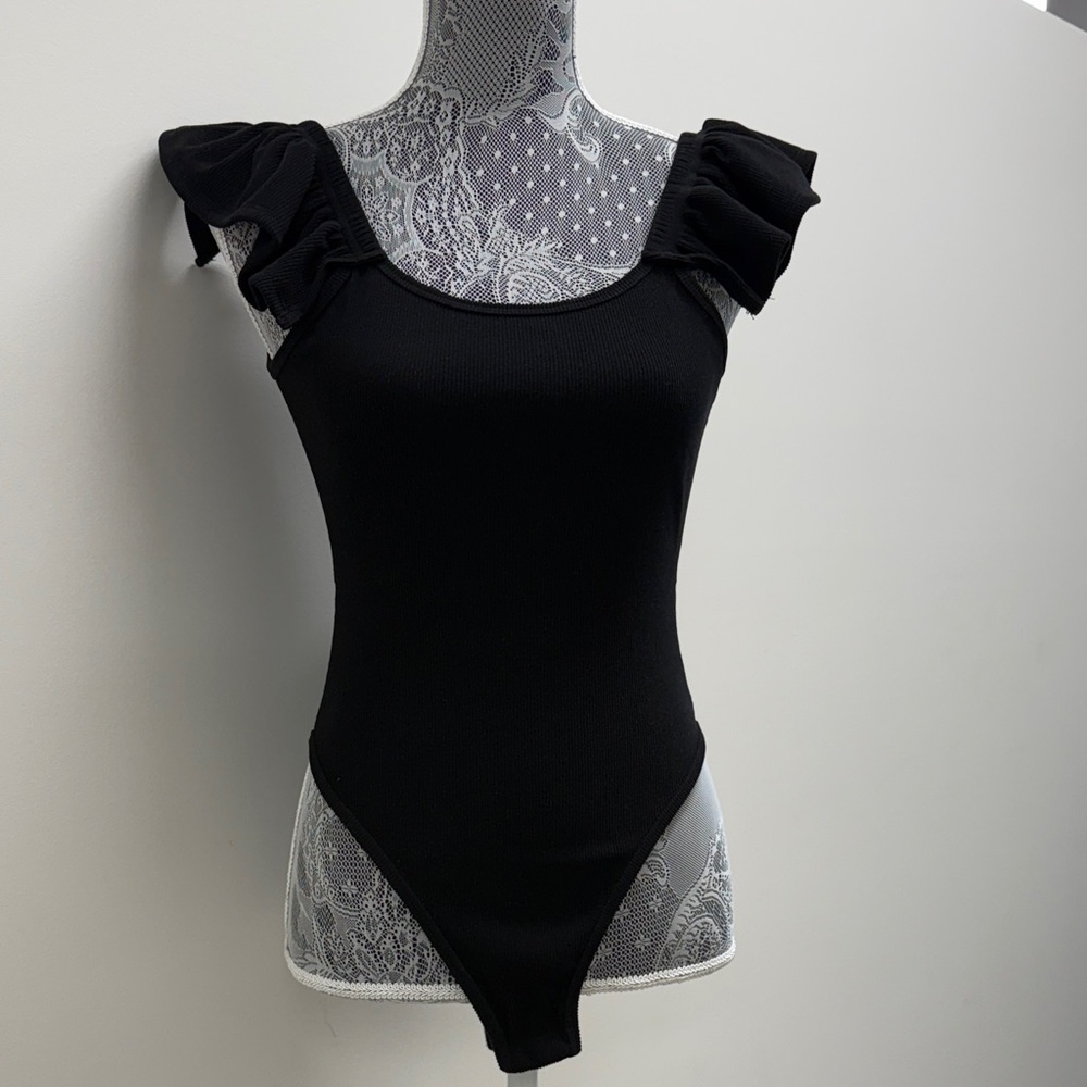 Francesca's Elegant Black Bodysuit with Ruffle Detail
